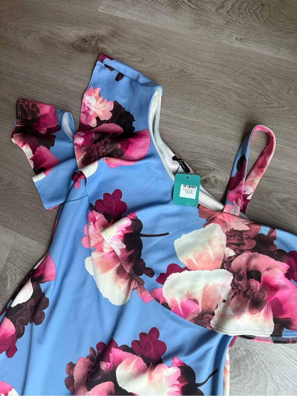 Soprano Blue One-Shoulder Floral Ruffle Dress with Pink Accents - Picture 3 of 13